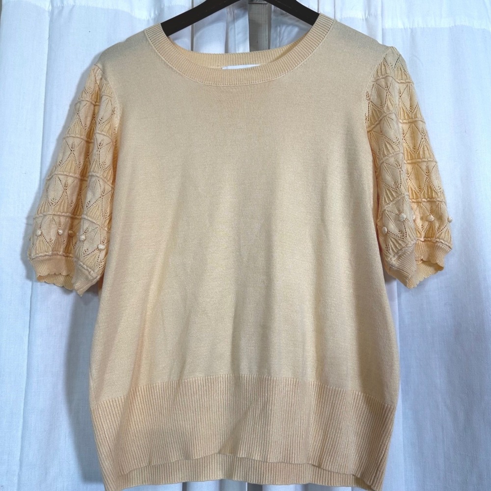 Liz Claiborne Retro Yellow Knit Sweater Top‎ Open Work Lattice Puff Sleeve SZ L